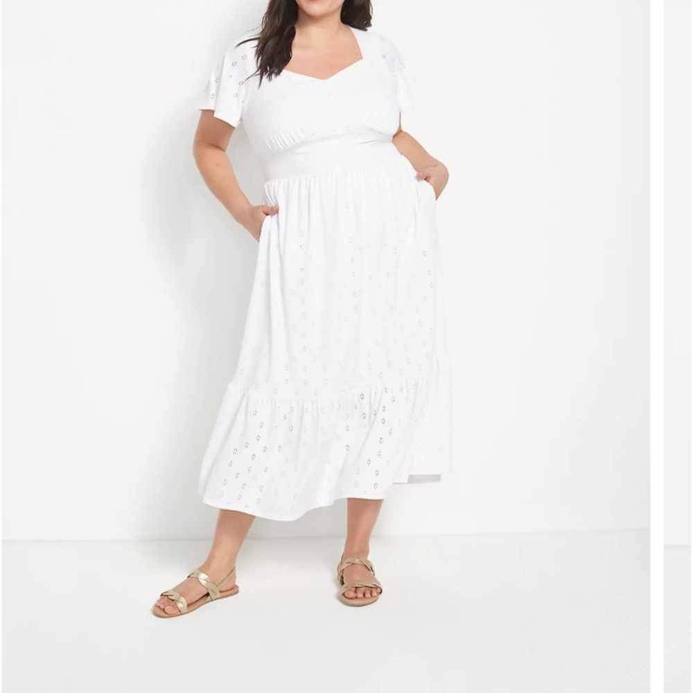 Sweetheart-Neck knit Eyelet Midi Dress-Ivory